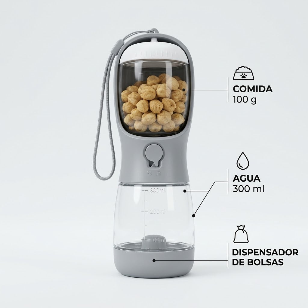 Botella de Paseo 3 en 1 para Perros — Agua, Comida y Bolsas
