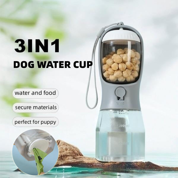 Botella de paseo 3 en 1 para perros con agua, comida y bolsas
