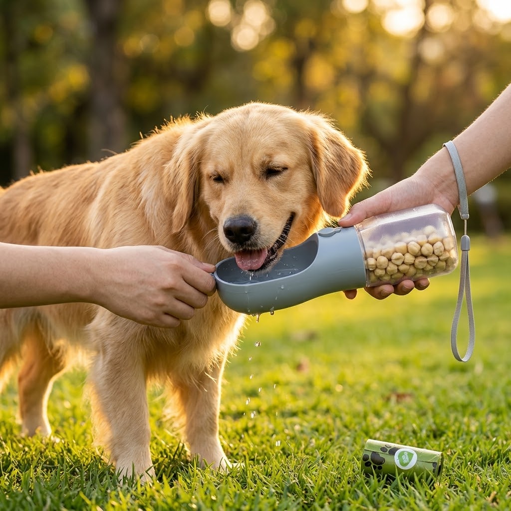 Botella de Paseo 3 en 1 para Perros — Agua, Comida y Bolsas