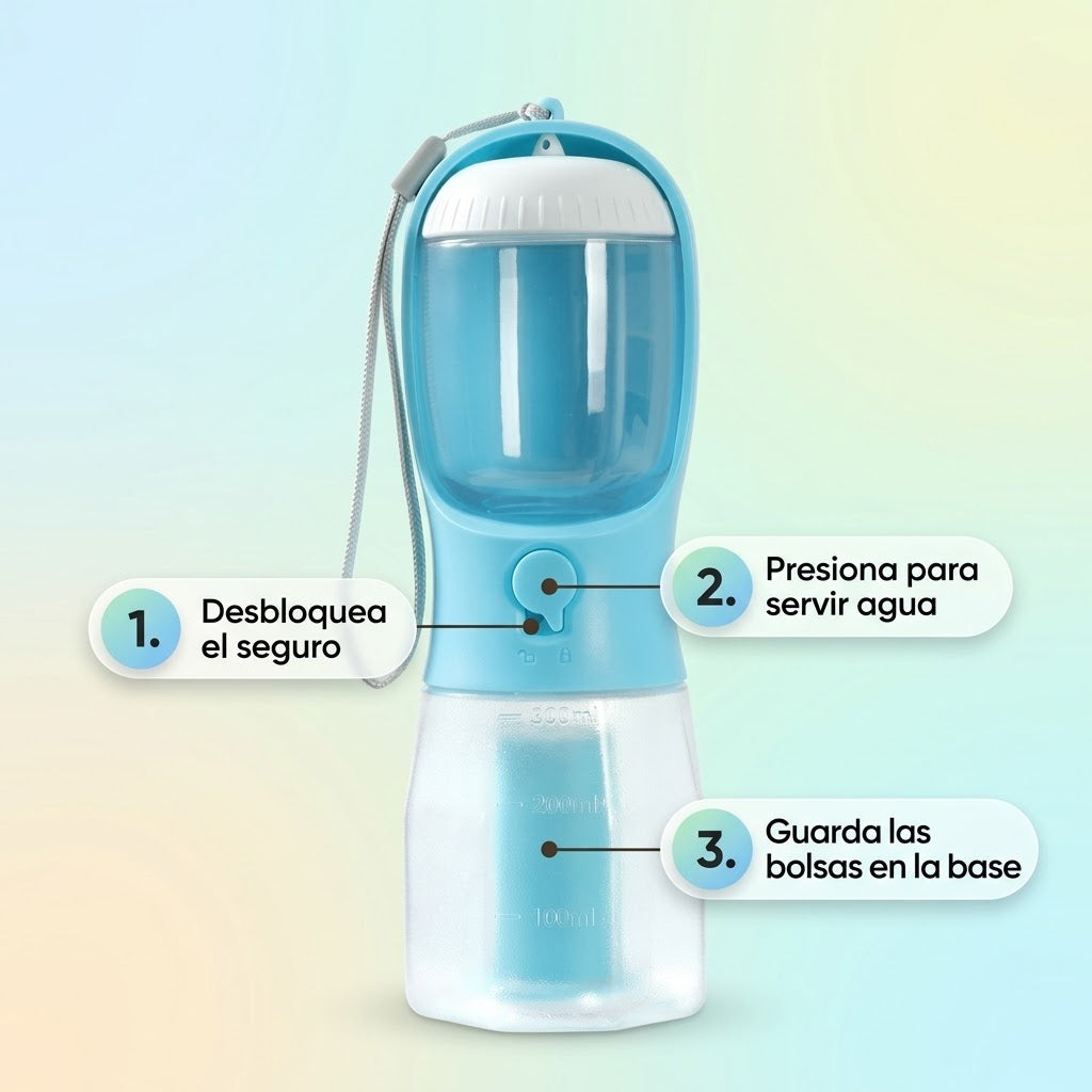 Botella de Paseo 3 en 1 para Perros — Agua, Comida y Bolsas