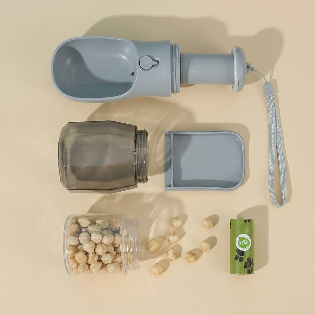 Botella de Paseo 3 en 1 para Perros — Agua, Comida y Bolsas